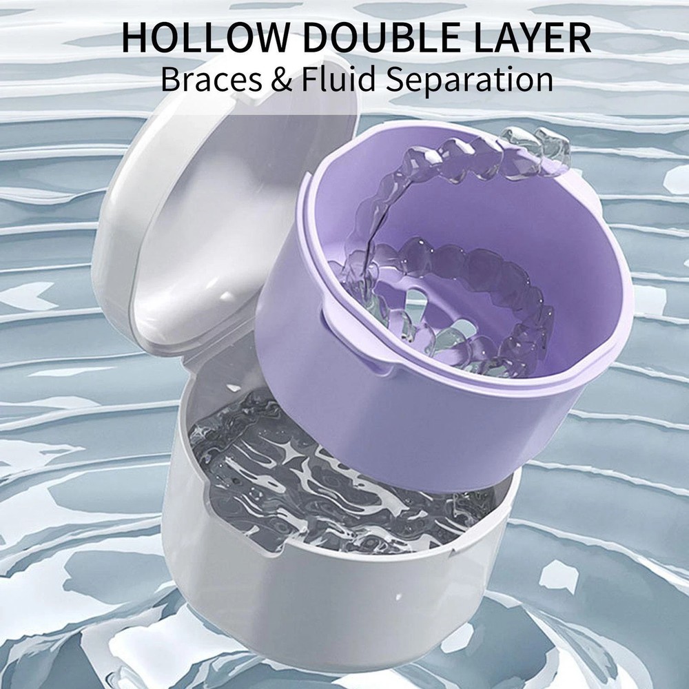 Denture Bath Case False Teeth Container Cup with Strainer Basket for Travel