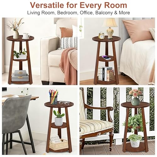 3-Tier Round Side Table, Solid Wood End Table & Nightstand for Small Red Brown