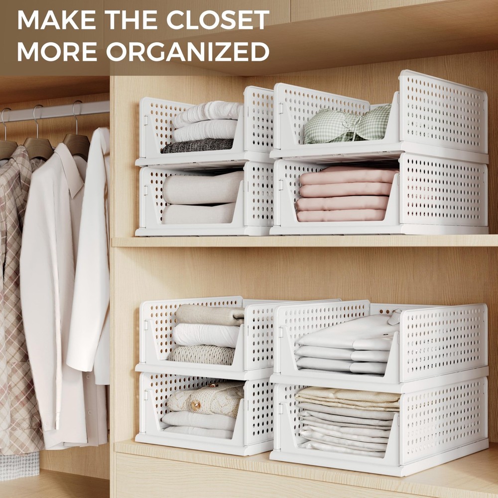 8 Pack Closet Organizers and Storage Plastic Stackable Storage Bins, Foldable...