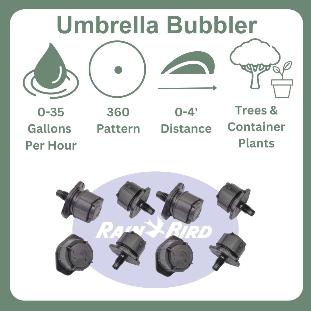 8 RainBird Adjutable Watering Drip Irrigation Stake on Riser w Umbrella Bubblers