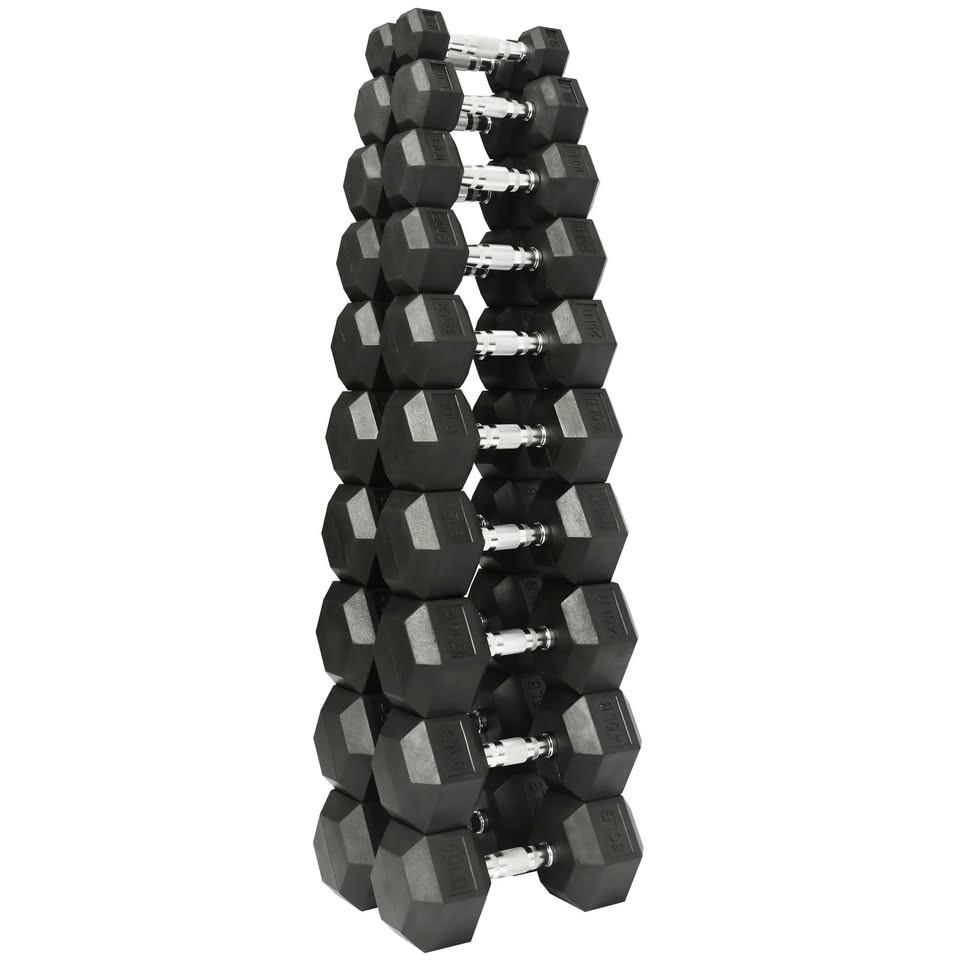 Rubber Hex Dumbbell Set 5-50 LB with Rack | 10 Pairs, 550 lbs, Free Shipping