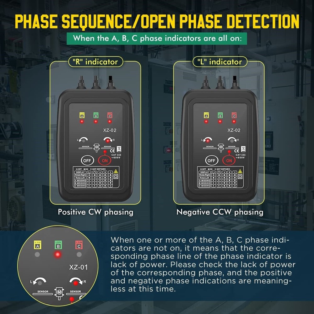 Rotation Meter 3Phase Sequence Detection Circuit Break Live Power Voltage Detect