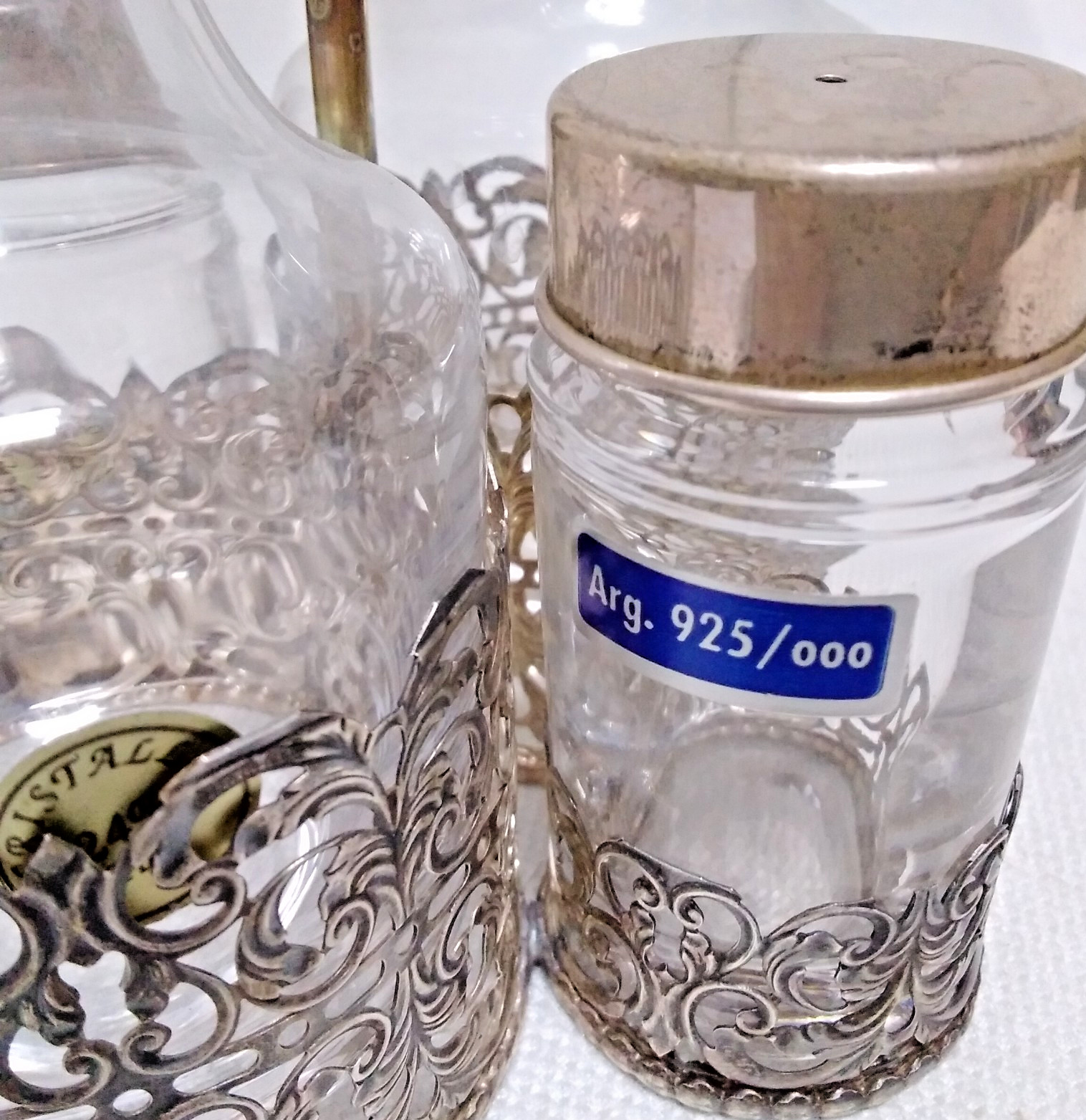 Italian 925 Cutout Sterling Silver and Fine Crystal Vessels Condiment Caddy