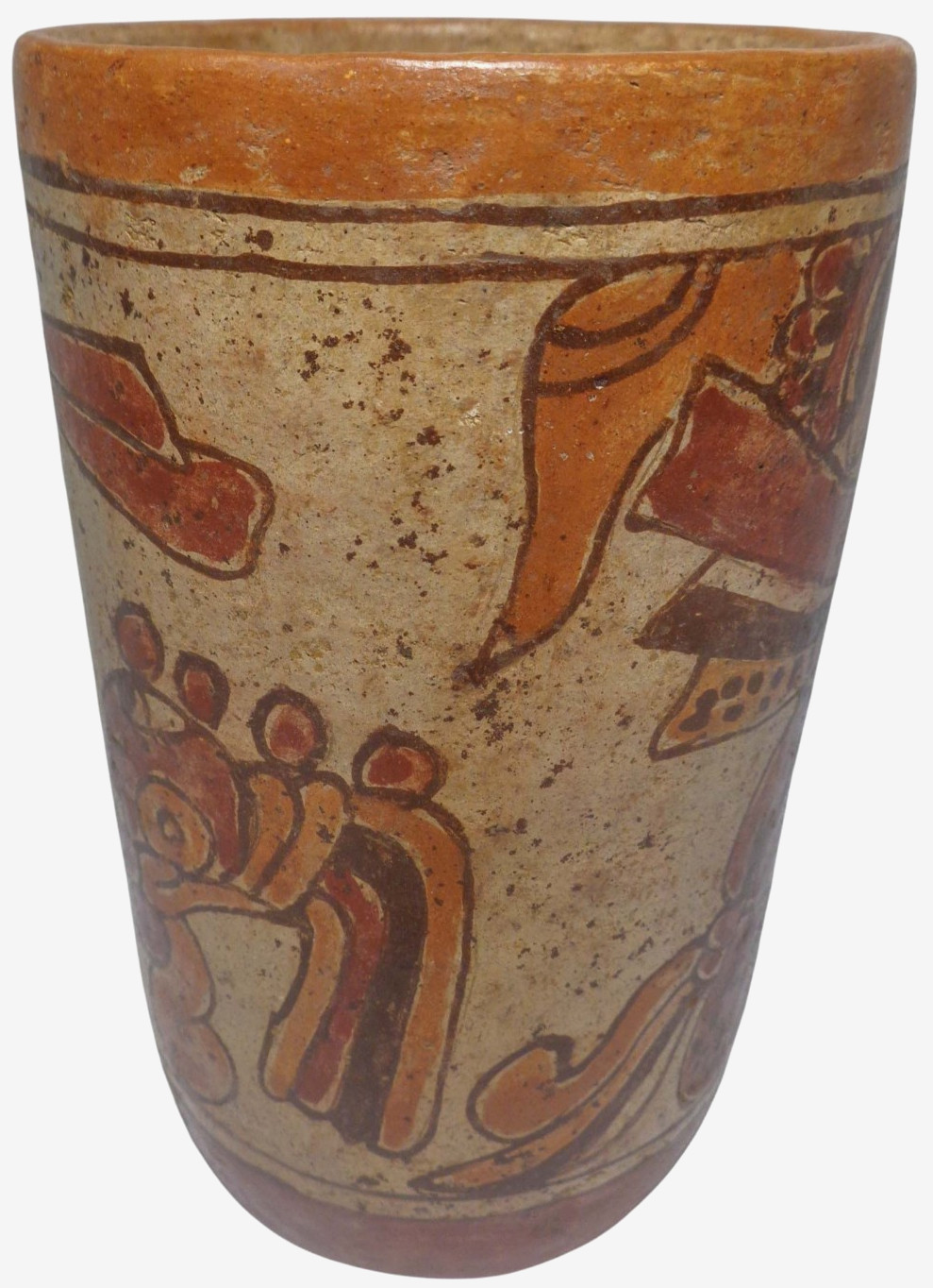 MID-CENT REPRO of PRE-COLUMBIAN HAND DEC CERAMIC CYLINDER VESSEL of SEATED DEITY