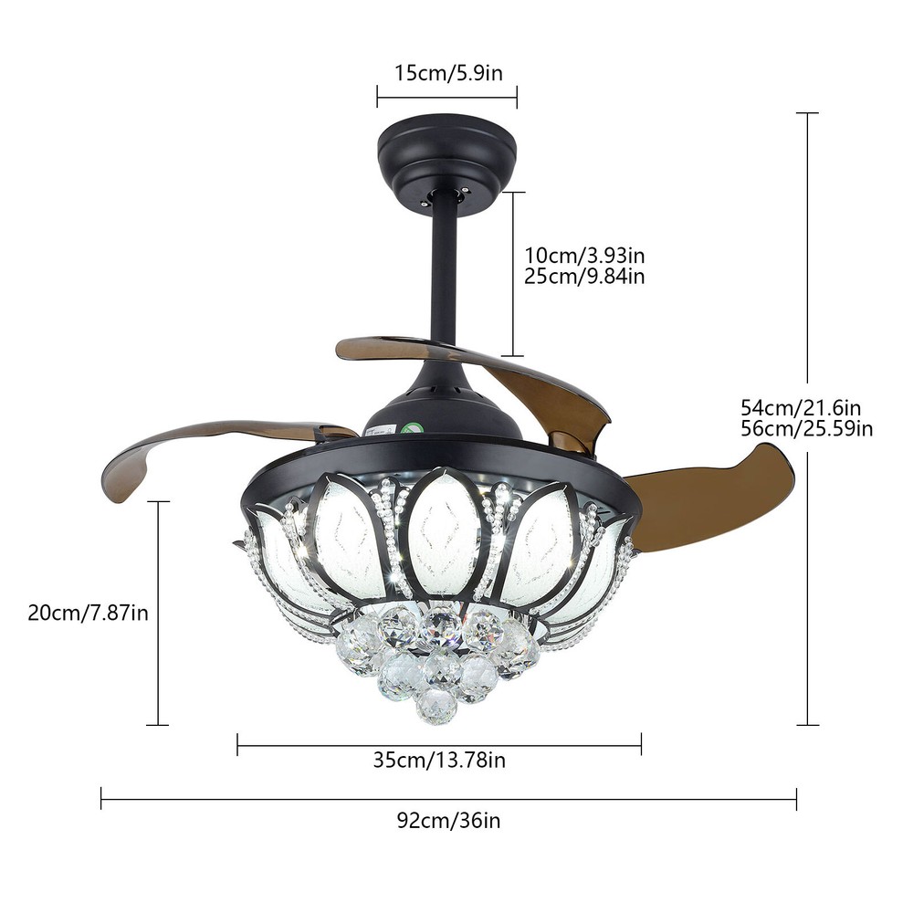 Retractable Fan Ceiling Light K9 Crystal 3color Ceiling Fan Light Remote Control