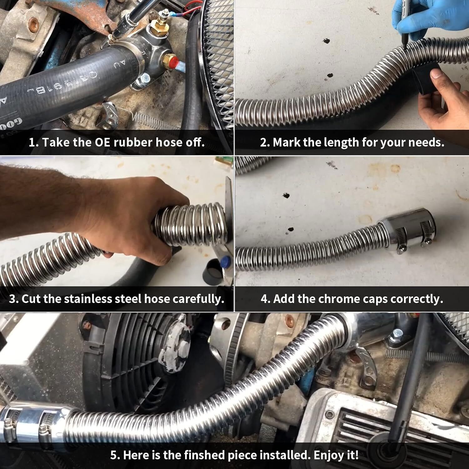 Universal 48" Stainless Steel Radiator Flexible Coolant Water Hose W/ Caps Kit