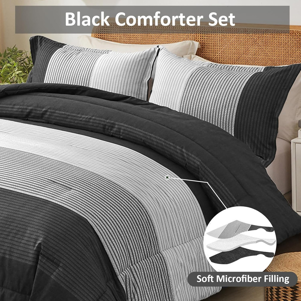 Black Comforter Set Queen, Reversible Black Grey Stripe down Alternative Comfort