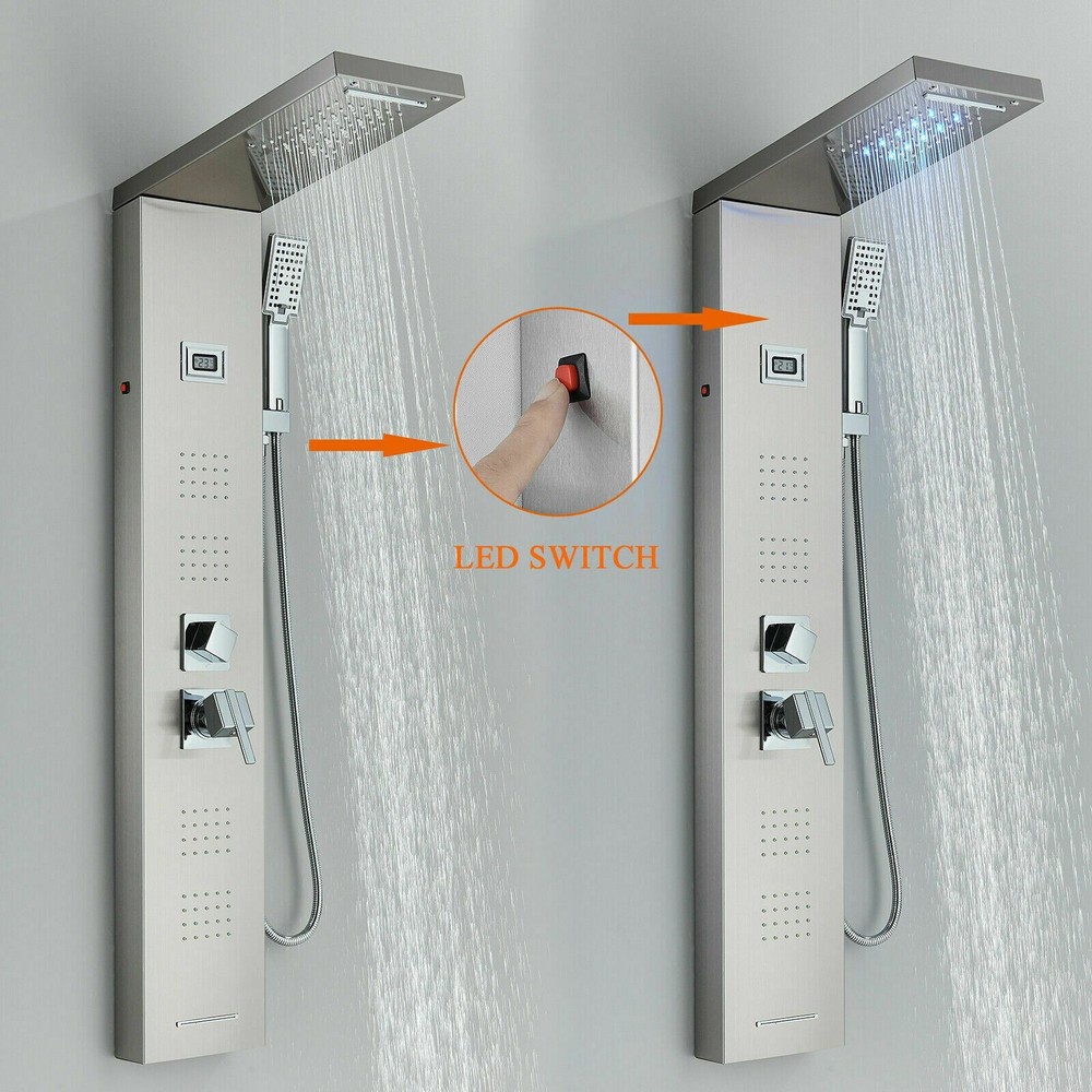 LED Shower Panel Tower System Water&Rainfall Massage Jet System Brushed Nickel