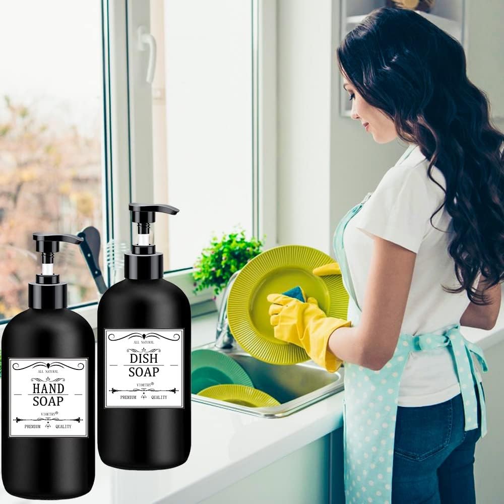 Black Soap Dispenser W/ Rust Proof Pump Waterproof Labels 2 Pack,16 Oz Plastic