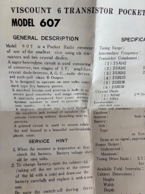 VINTAGE OLD 6 TRANSISTOR RADIO, VISCOUNT MODEL 607, A REAL GEM!!