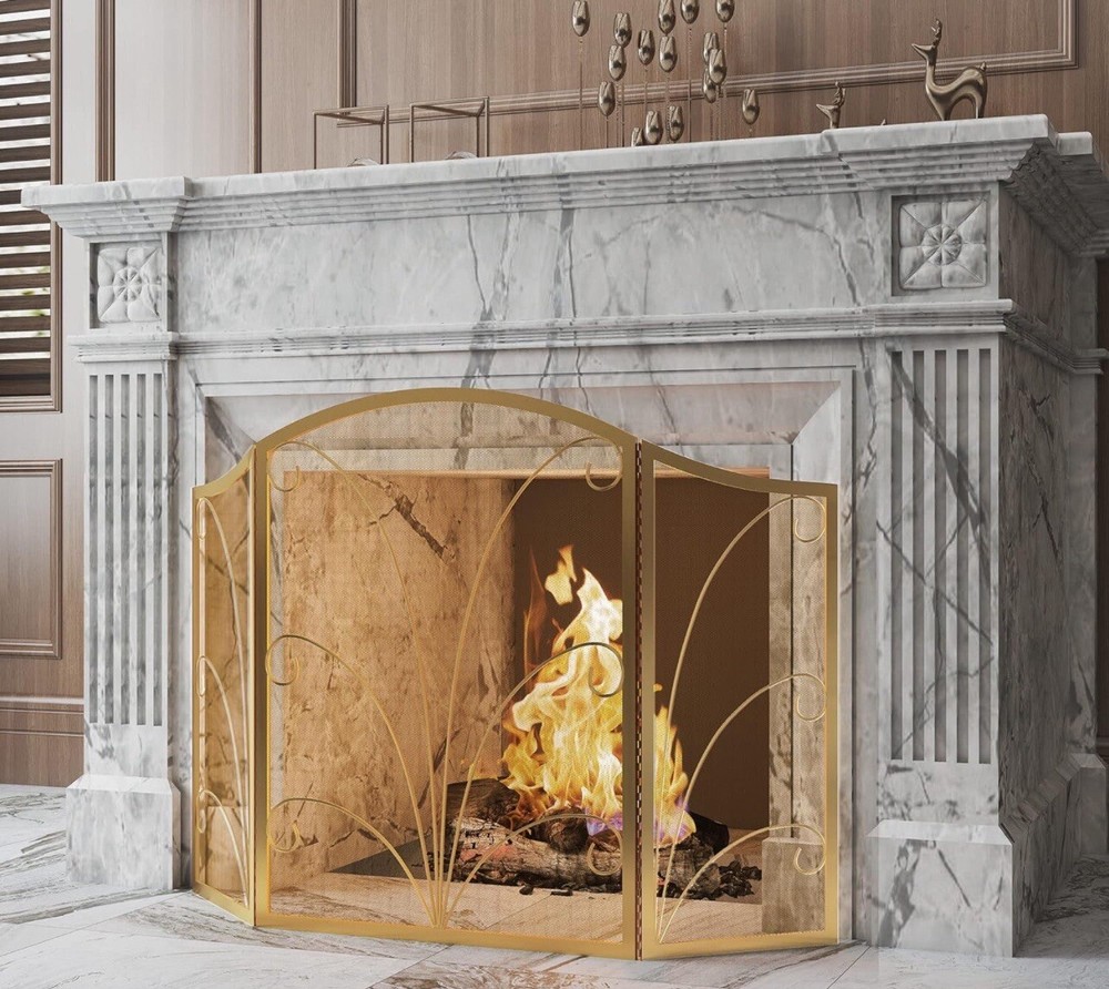 3-Panel Arched Fireplace Screen Decorative, Handcrafted Iron Spark Cover