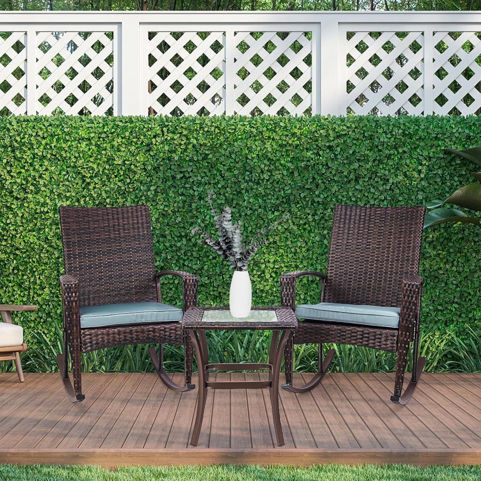 Patio Rattan Rocker With Cushion Outdoor Wicker Rocking Chair & Table Furniture