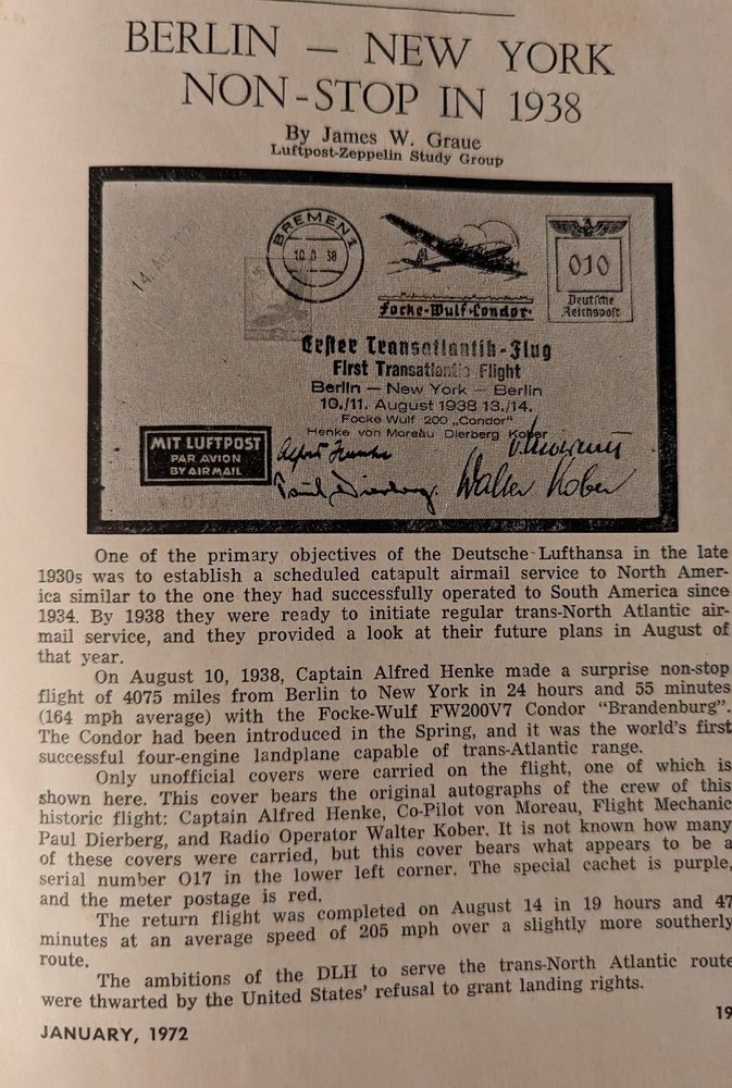 German Postal Specialist Jan 1972 Berlin-New York 1938 Nonstop Johannes Kepler