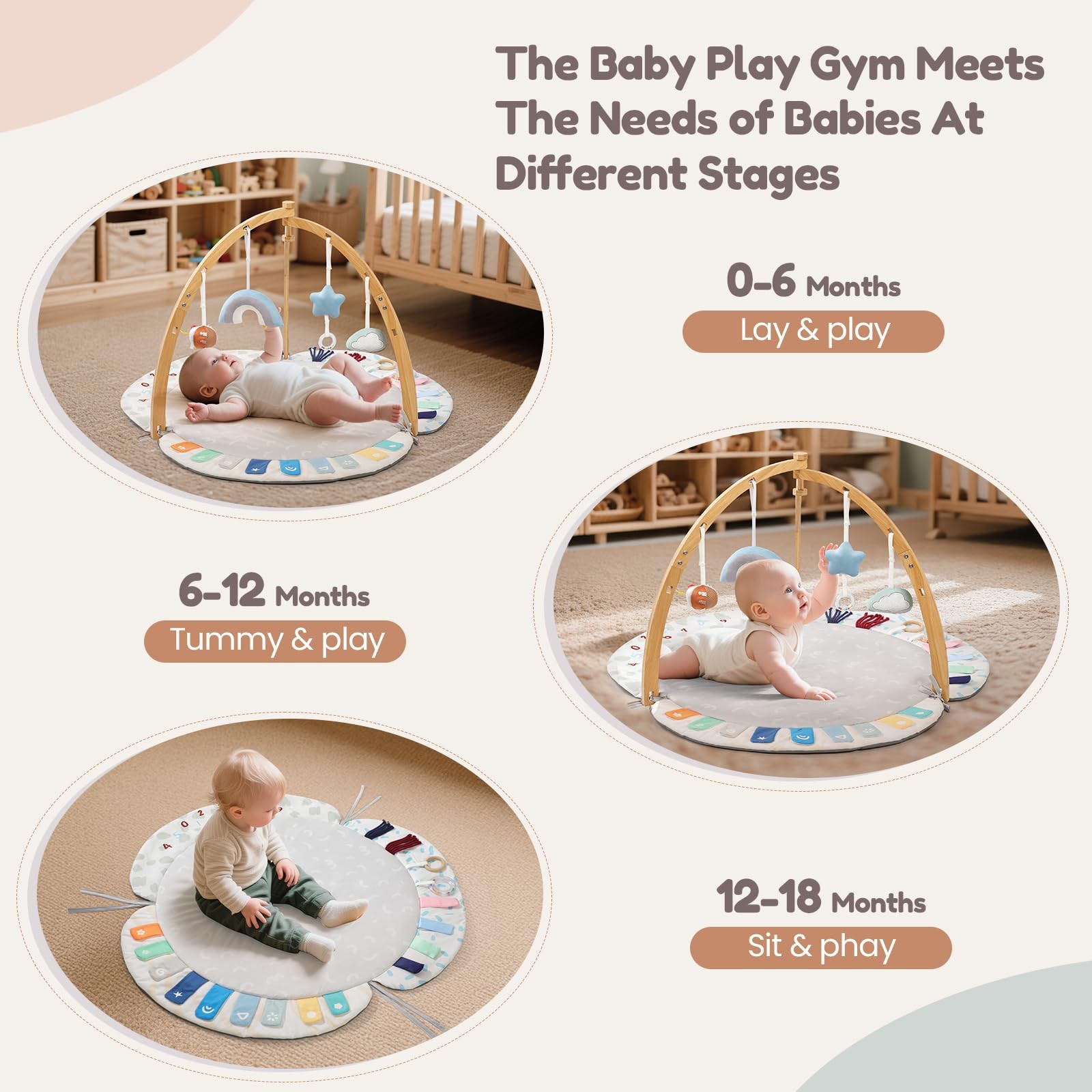 Baby Play Gym & Activity Mat,Natural Organic Bamboo Frame with 4 Detachable S...