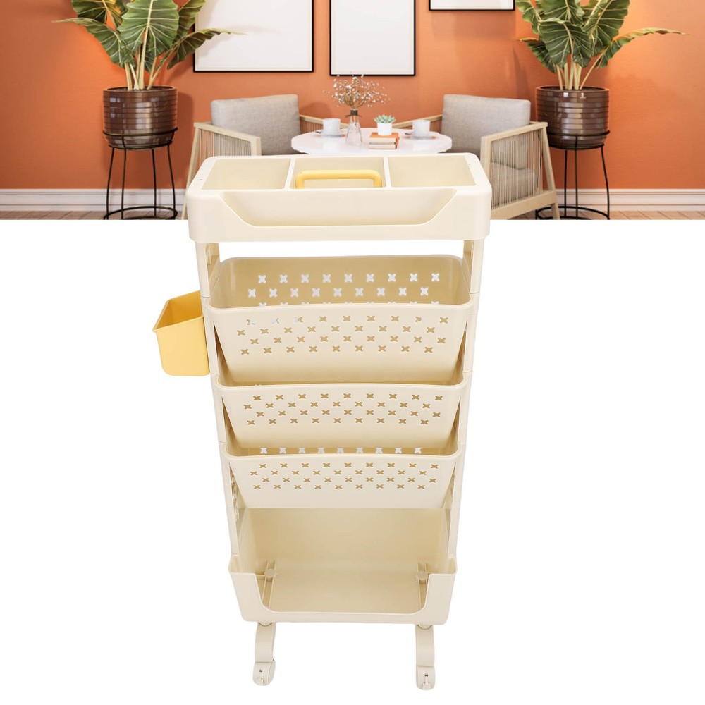 Rolling Book Cart 5 Tier PP Multi-Functional Movable Storage Book Rack White