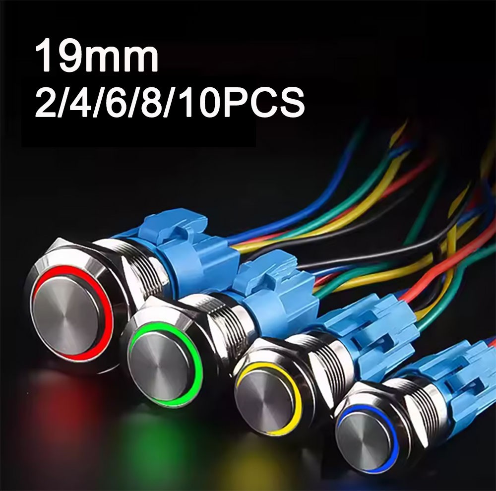 USA 19mm 12V LED ON OFF Push Button Power Switch Latching w/ Wire Socket Harness