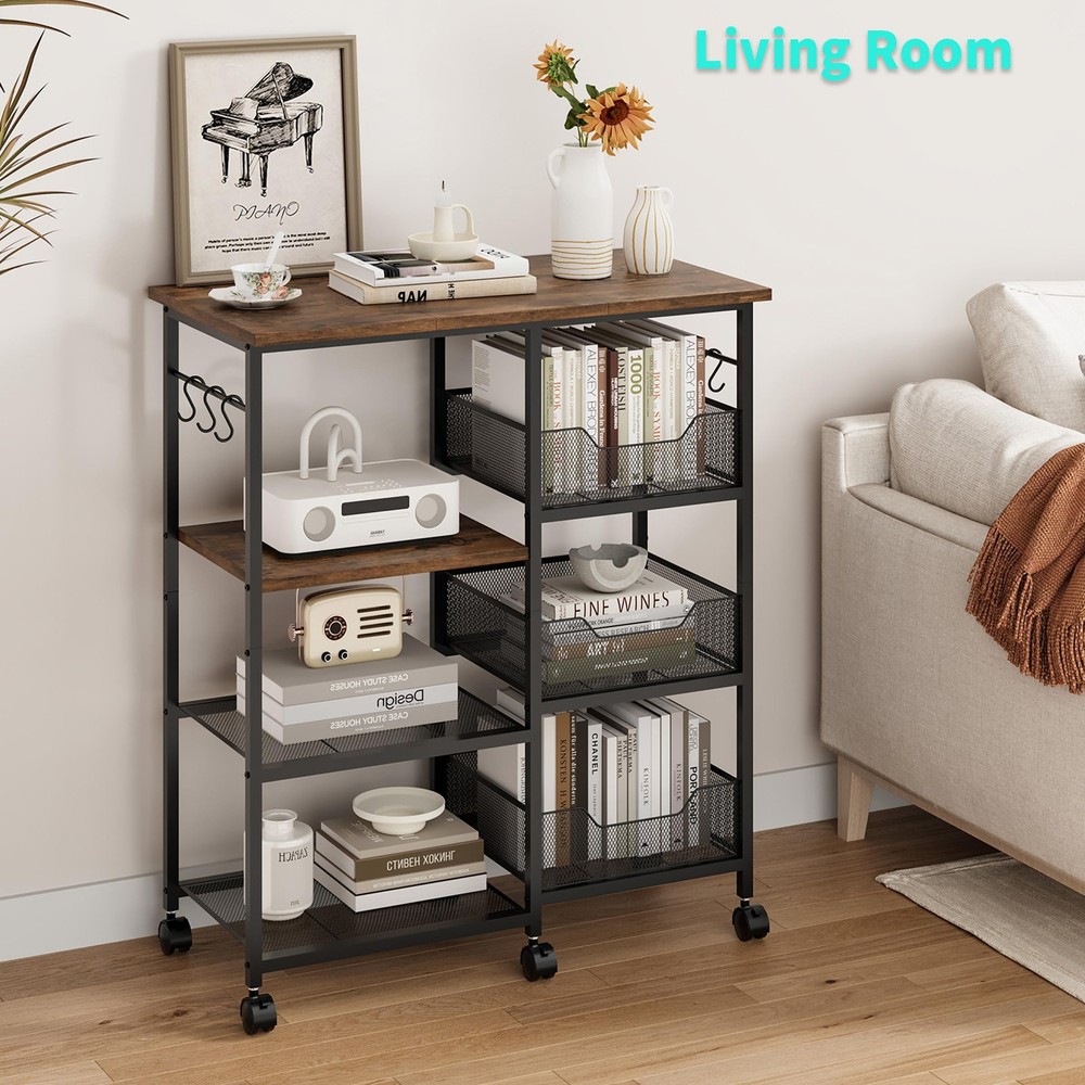 Rolling Kitchen Carts with Storage - Microwave Table Stand with 6 Hooks & 3 B...