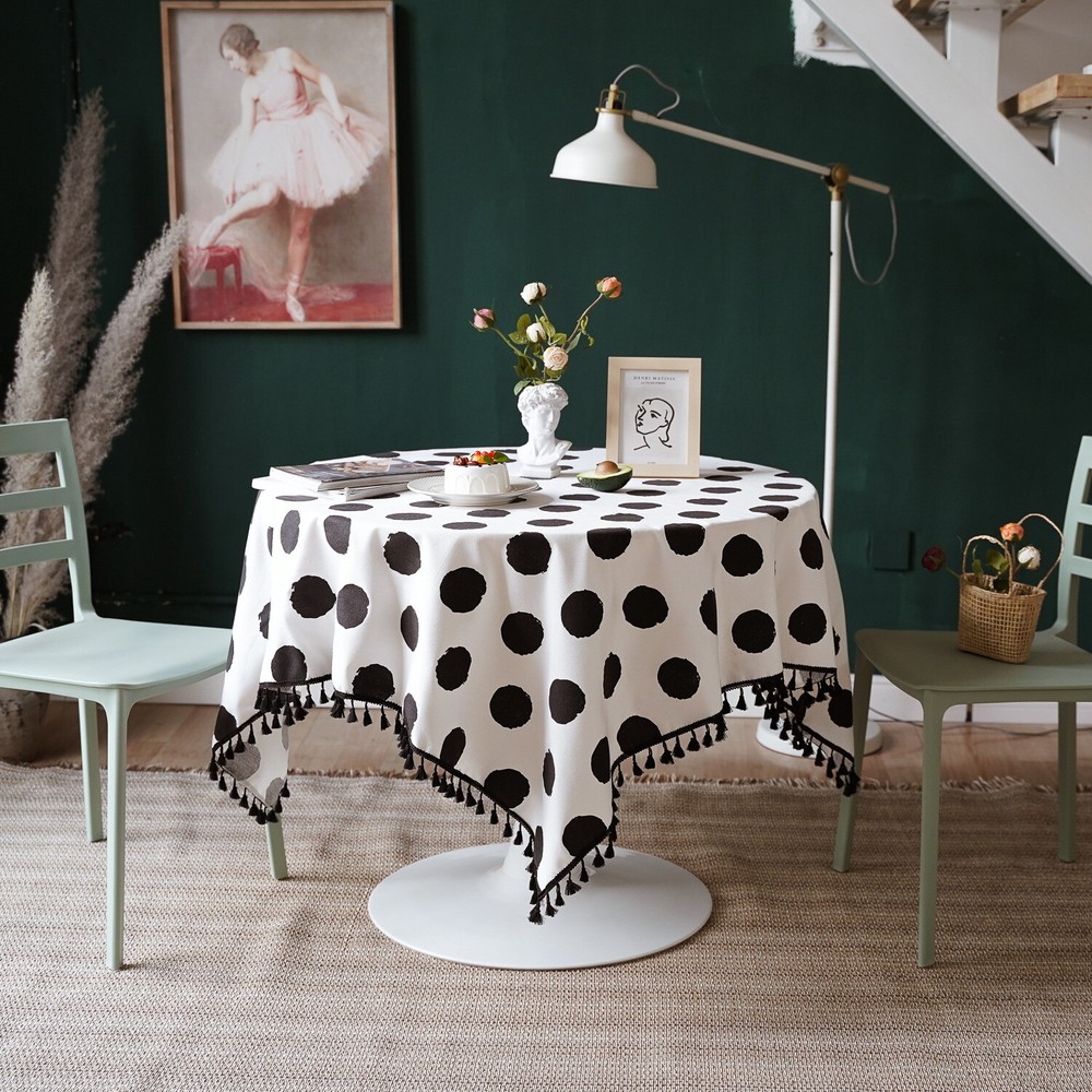 Round Tablecloth Tassel Black White Printed Oval Dot Rectangular Table Cloth
