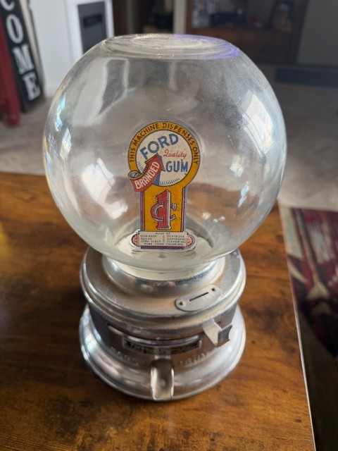 VINTAGE Ford Countertop Gumball Machine - Original Globe - Coin Op