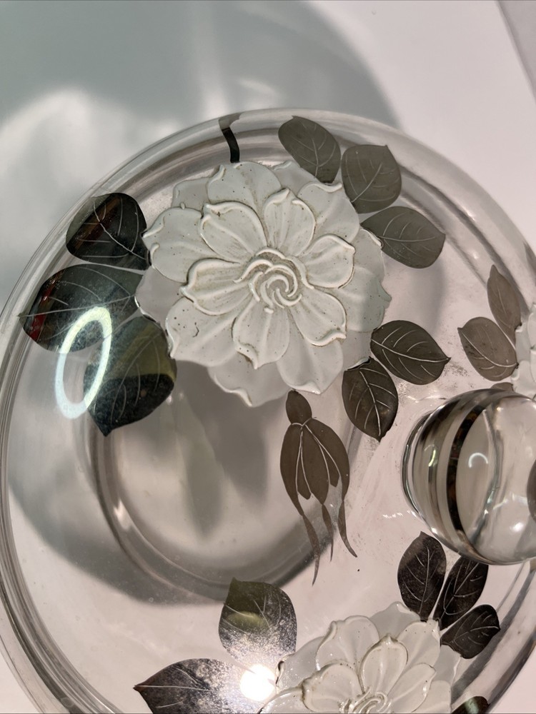 Vintage Sterling Silver Floral Pattern On Clear Candy Dish