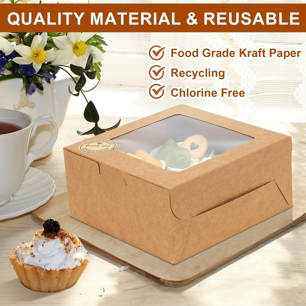 50 PCS Cupcake Boxes with Window, 6x6x3 Inch Cookie Boxes, Brown Bakery Conta...