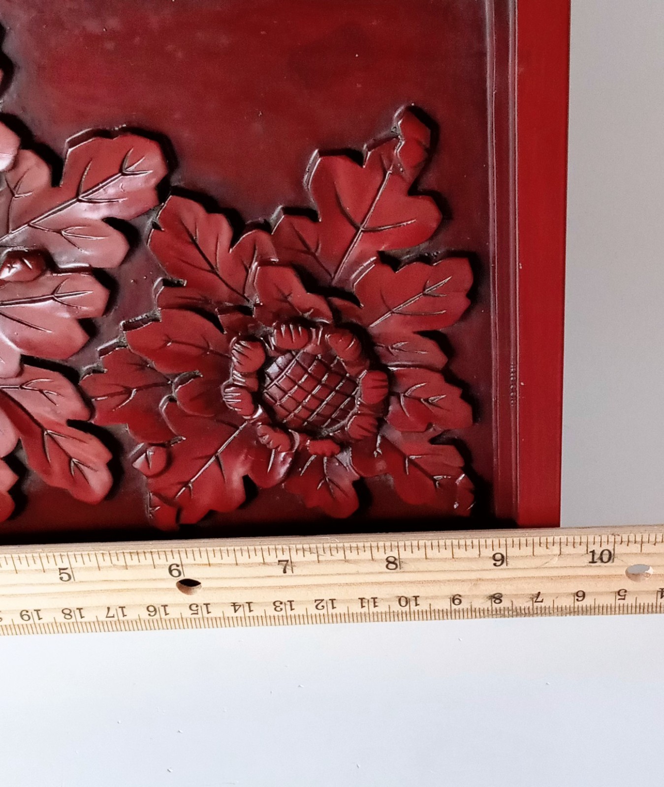Japanese Kamakura-bori Lacquerware Carved Floral Wood Panel