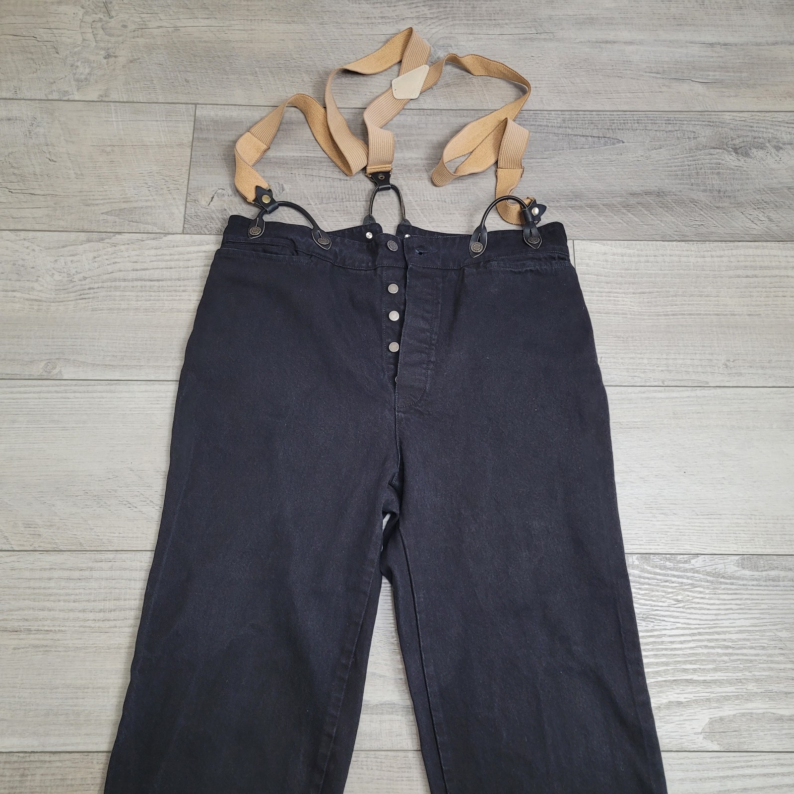 VTG Wah Maker Frontier Clothing Pants Mens 38 Black Denim Suspenders Button Fly