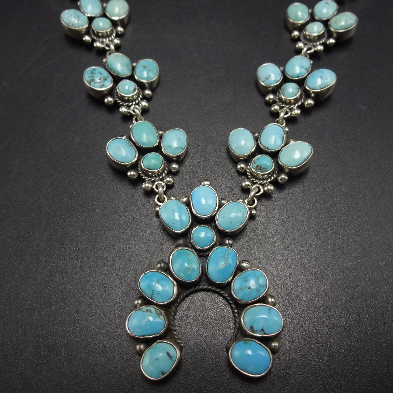 Diminutive FEDERICO JIMENEZ Sterling Silver TURQUOISE CLUSTER Squash Necklace