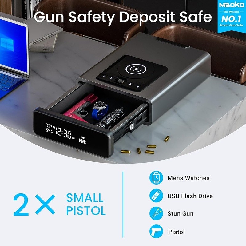 Biometric Gun Safe Wireless Charging LED Display Quick Access Touchscreen Keypad