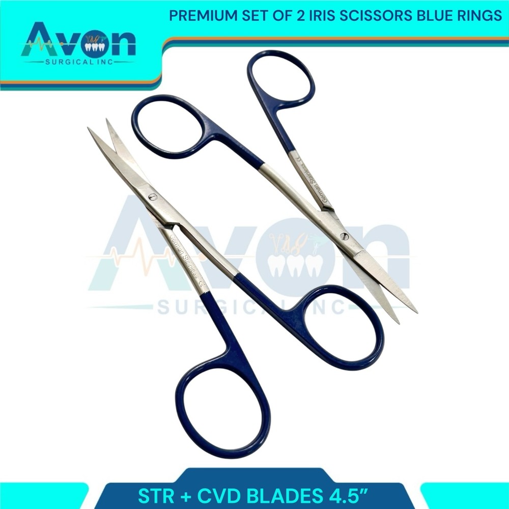 2pcs Premium Dissecting Iris Scissors with Sharp Points, Curved+Straight - 4.5in