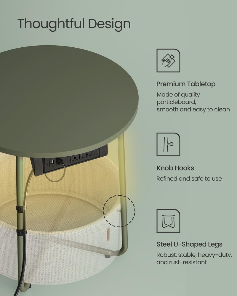 LILEA Collection - Side Table with Charging Station, Round End Table with Fab...