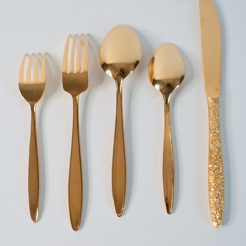 5 Pc 1 Place Setting Gold Electroplatae Flatware Golden Rose Pattern Unbranded