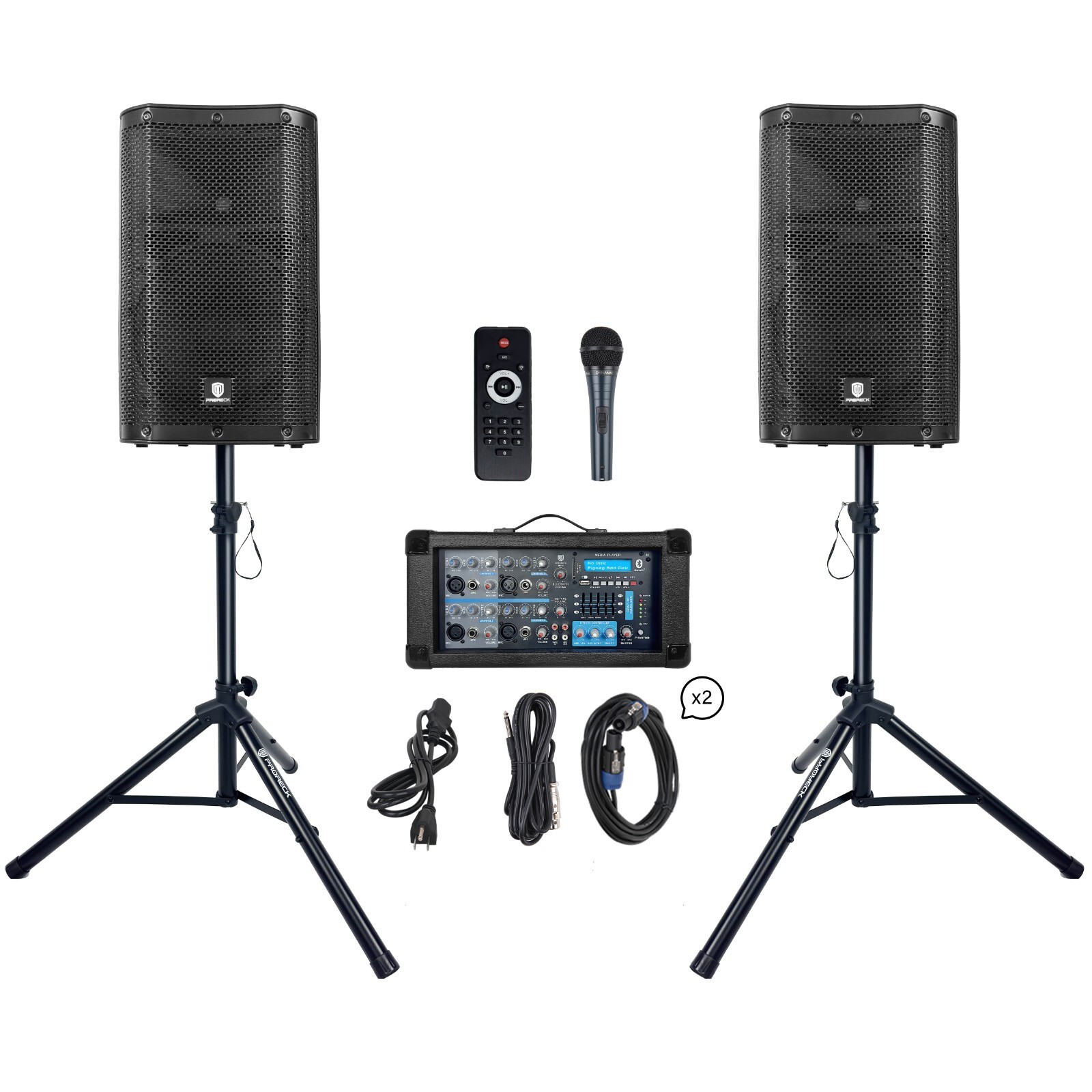 PRORECK PA Speaker System, 4-Channel Powered Mixer, 2*10'' Passive Speaker 1800W