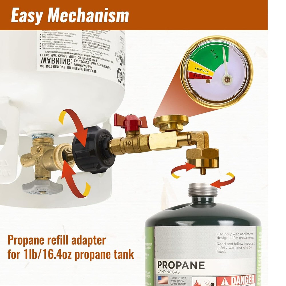 Safe Propane Refill Adapter, 90-Deg Design, QCC1 Connection, Solid Brass