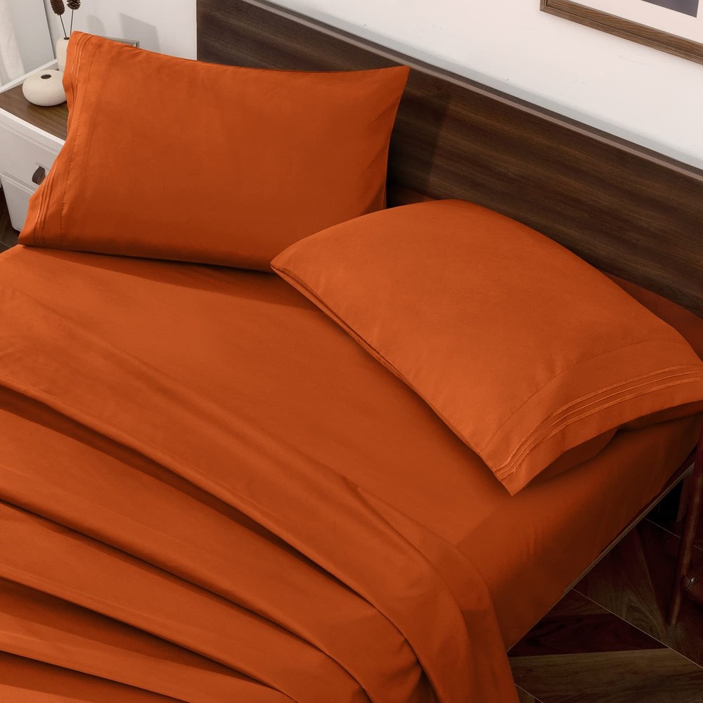Burnt Orange Queen Size Sheet Set - 4 Piece Hotel Luxury Bedding Sheets & Pil...