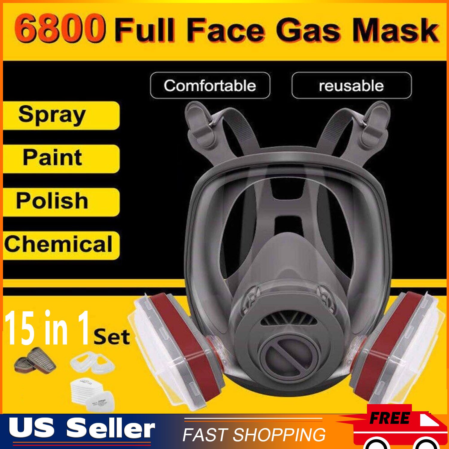 15 IN 1 Gas Mask Full Face Respirator Paint Spray Chemical Facepiece Safety 6800