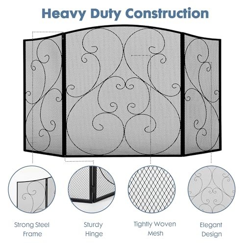 3-Panel Fireplace Screen, Foldable Wrought Iron Spark Guard, 30.7" Safety Gate,
