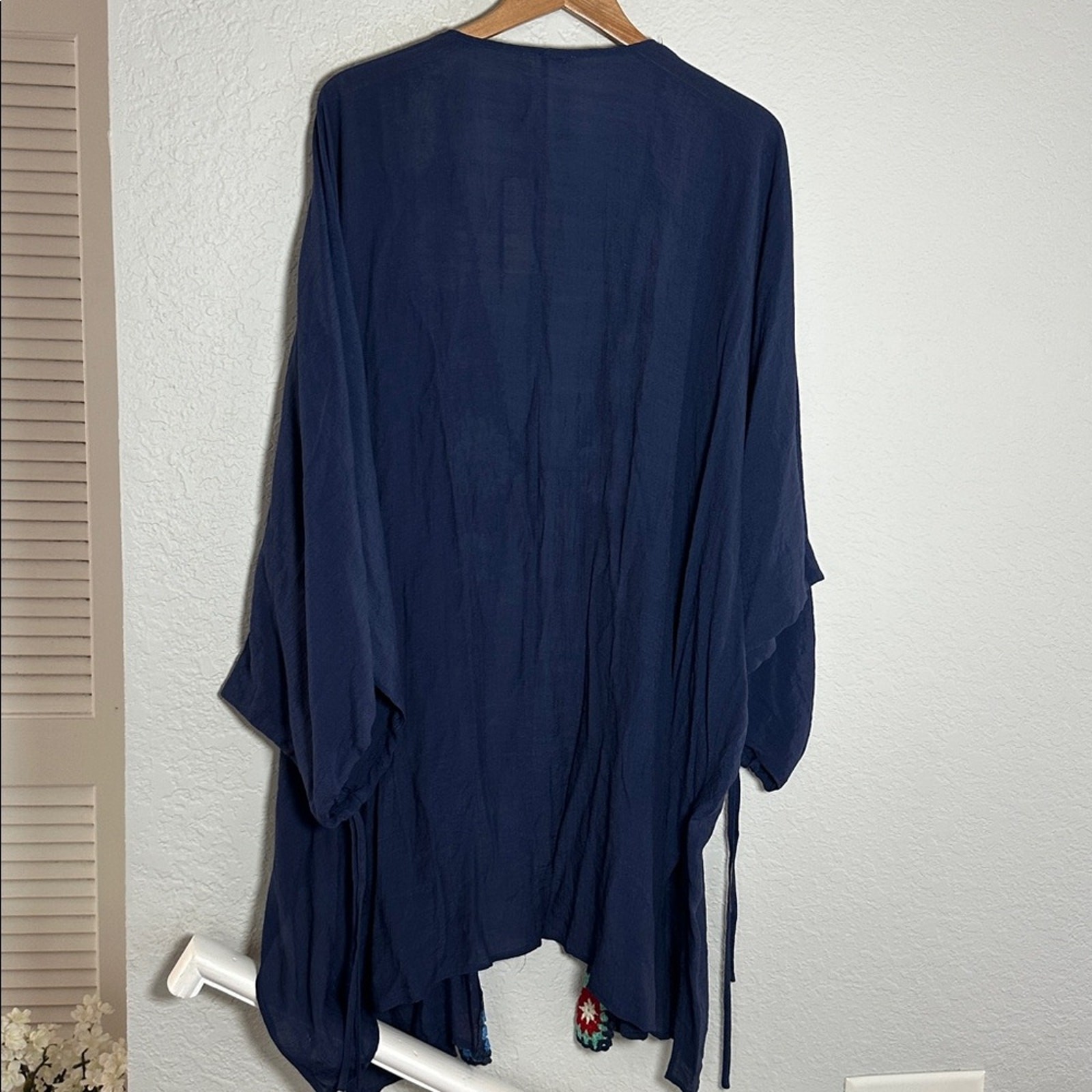 NWT Entro Crochet Granny Square Open Kimono Navy Blue 1X Swim Coverup Resortwear
