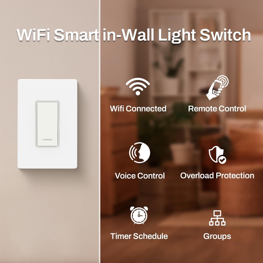 BN-LINK WiFi Smart in-Wall Light Switch, No Hub Required with Timer White