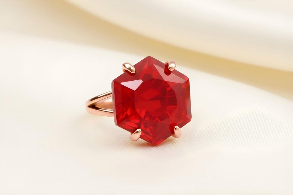 Ruby Silver Ring Anemone Handmade Hexagon Cut 16mm Sterling Jewelry