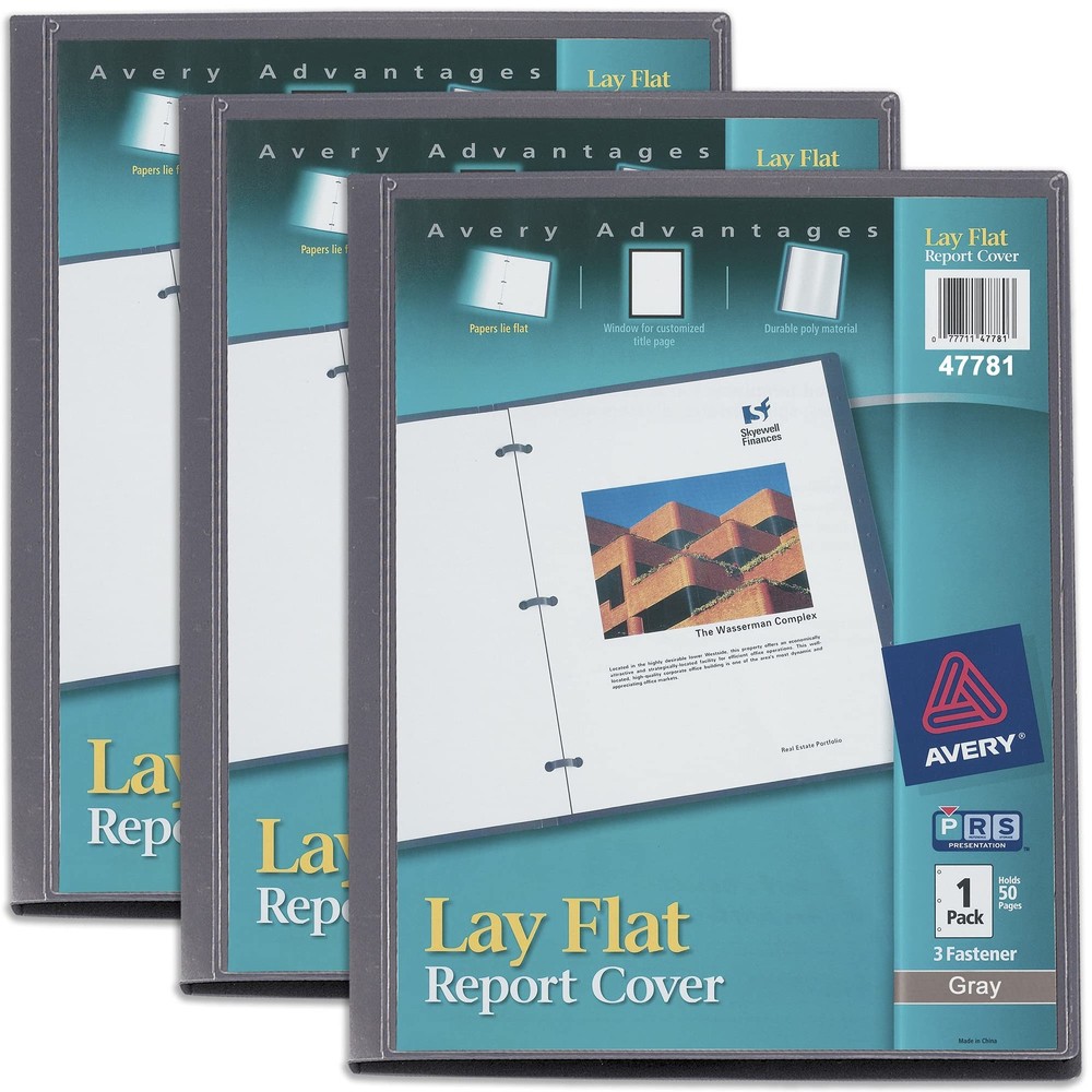 Avery Lay Flat Report Cover, 3 Fasteners, Clear Front, 50 Sheets, Gray
