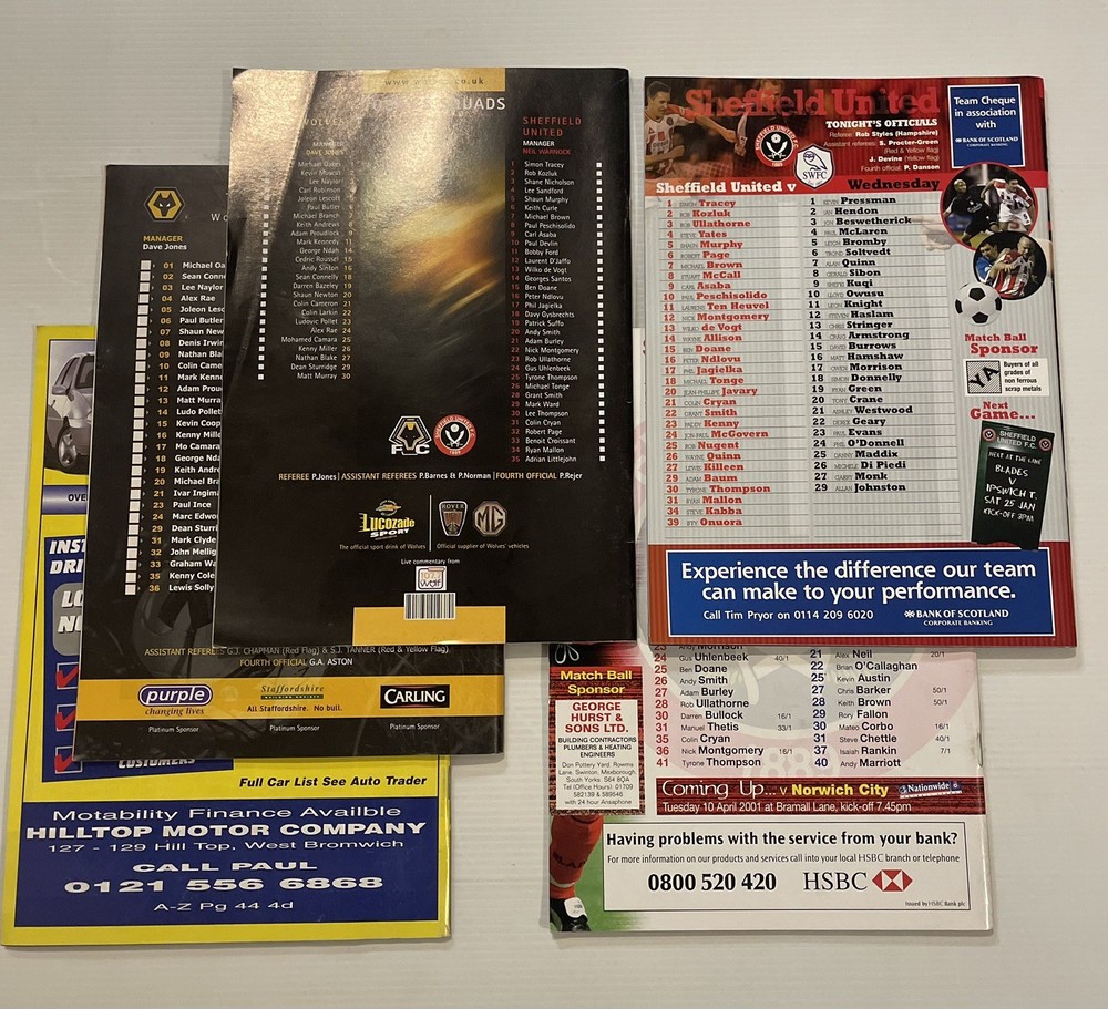 Sheffield United Wednesday Wolverhampton Bromwich 2001-03 Programmes Bundle