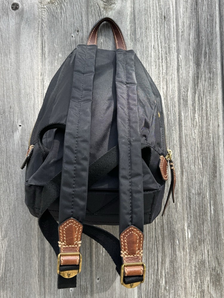 FRYE Ivy Nylon Backpack Black with Brown Leather Trim EUC!