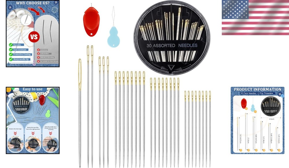 Versatile 30-Piece Needle Set for Hand Sewing, Quilting & Embroidery Projects