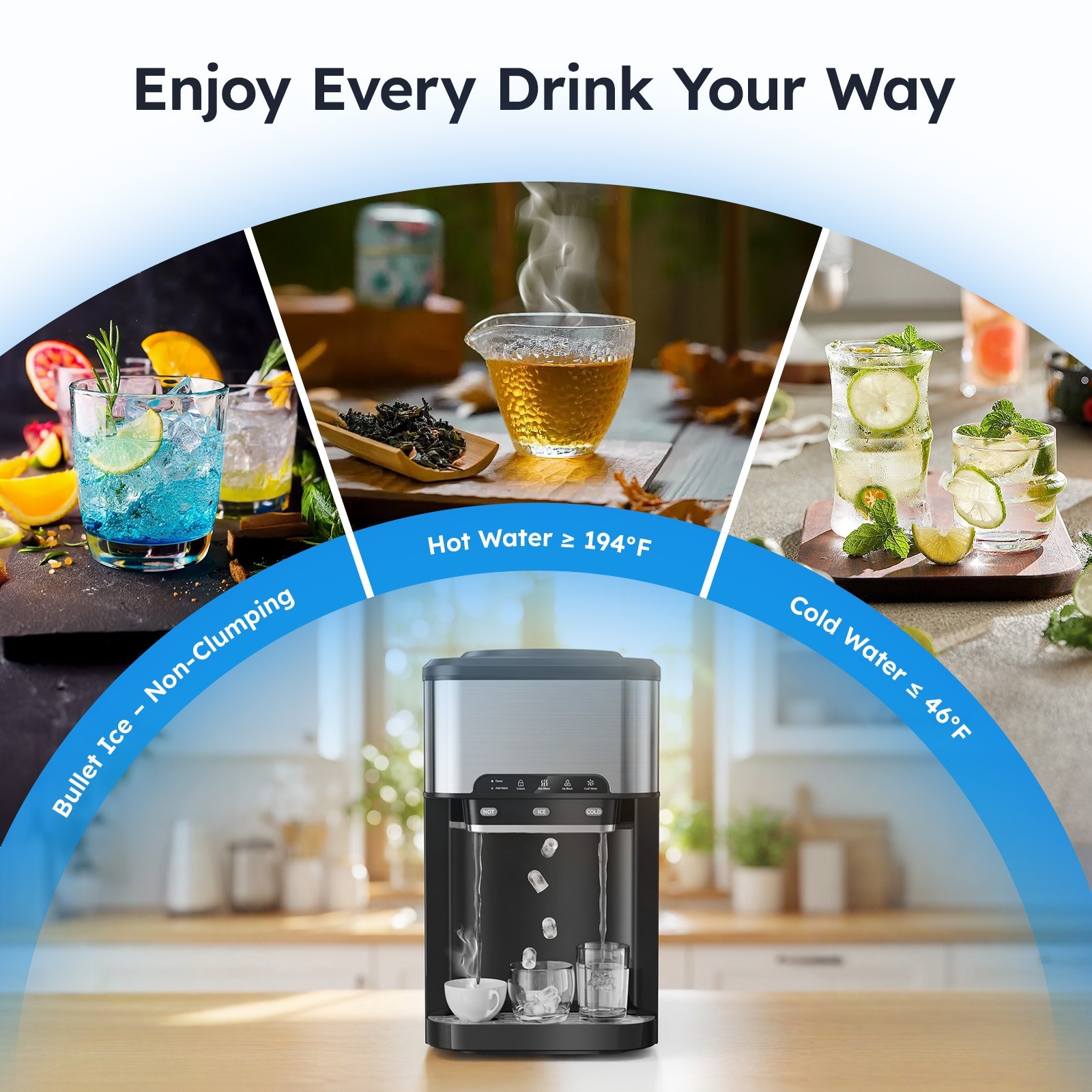 3 in 1 Countertop Ice Cube Maker 44lbs/Day with Water Dispenser Combo Machine