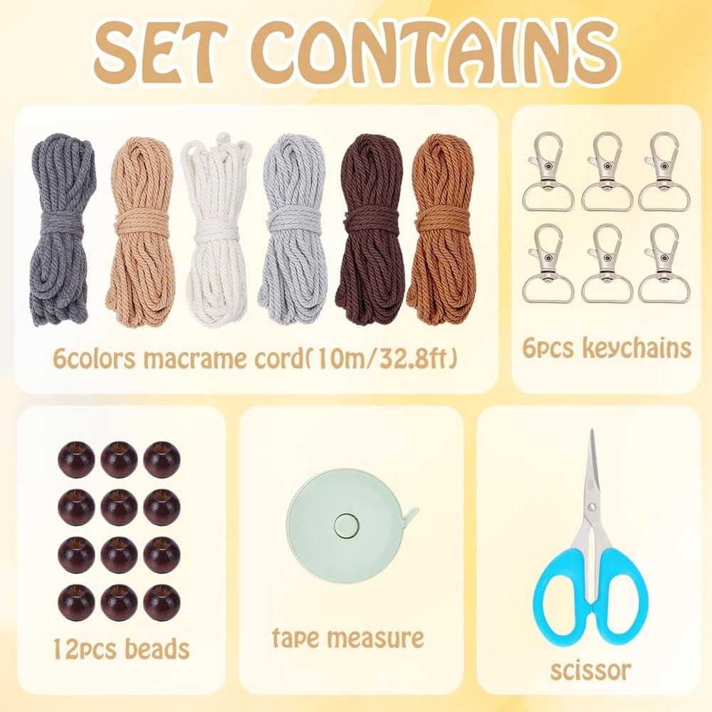 ACRNIGHEET 6PCS Owl Macrame Keychain Kit for Adults Beginners Boho Beige