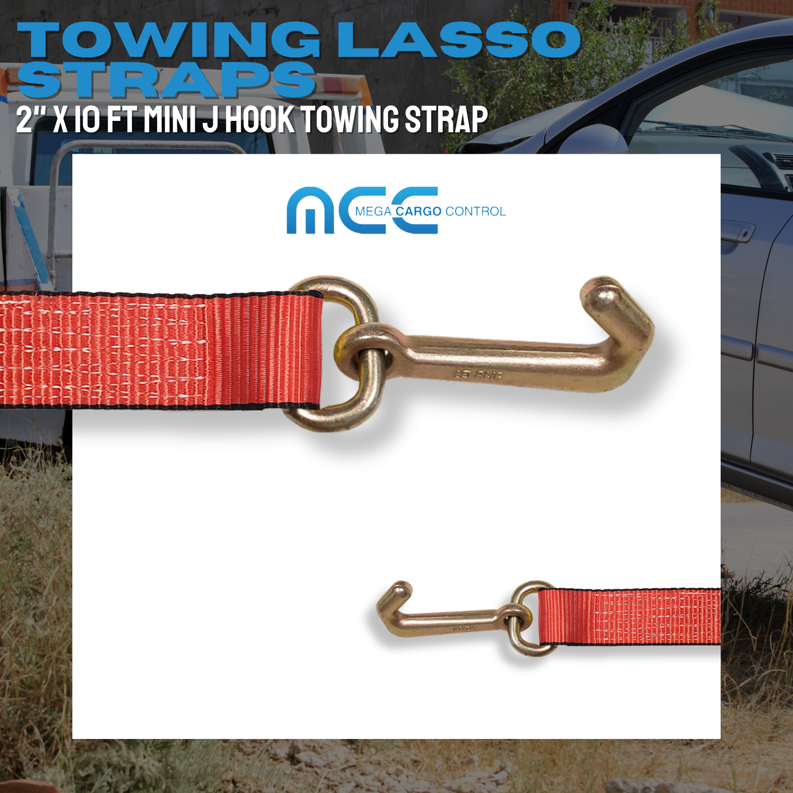 Heavy Duty G70 2" x 10' Mini J Hook Towing Trailer Wrecker Lasso Tie Down Strap