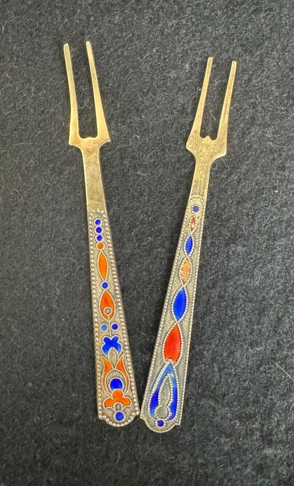 Vintage Russian Soviet 875 Gilded Silver Enamel Forks