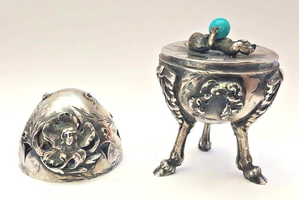 CIRCA 1886 RUSSIAN EGG 84 SILVER WITH RUBY & BLUE STONE