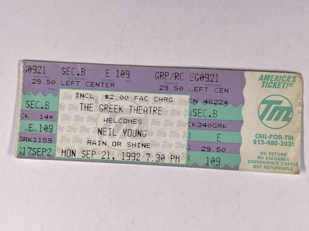 Neil Young Ticket Original The Greek Theatre Monday September 21st 1992